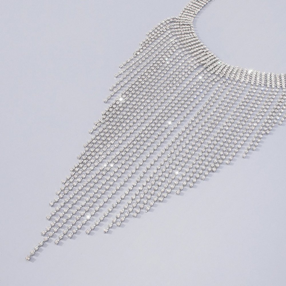 Bling Silver Crystal Long Drop Tassel Choker Necklace - Party Evening‎ Statement - Picture 5 of 9
